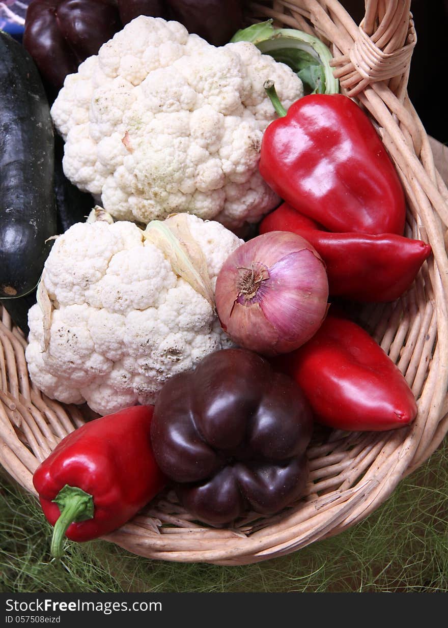 Some fresh summertime vegetable fruits from home garden in to the basket