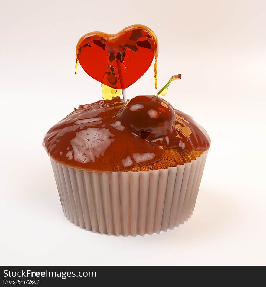 Cupcake for Valentine's day with honey, cherry and heart candy. Cupcake for Valentine's day with honey, cherry and heart candy