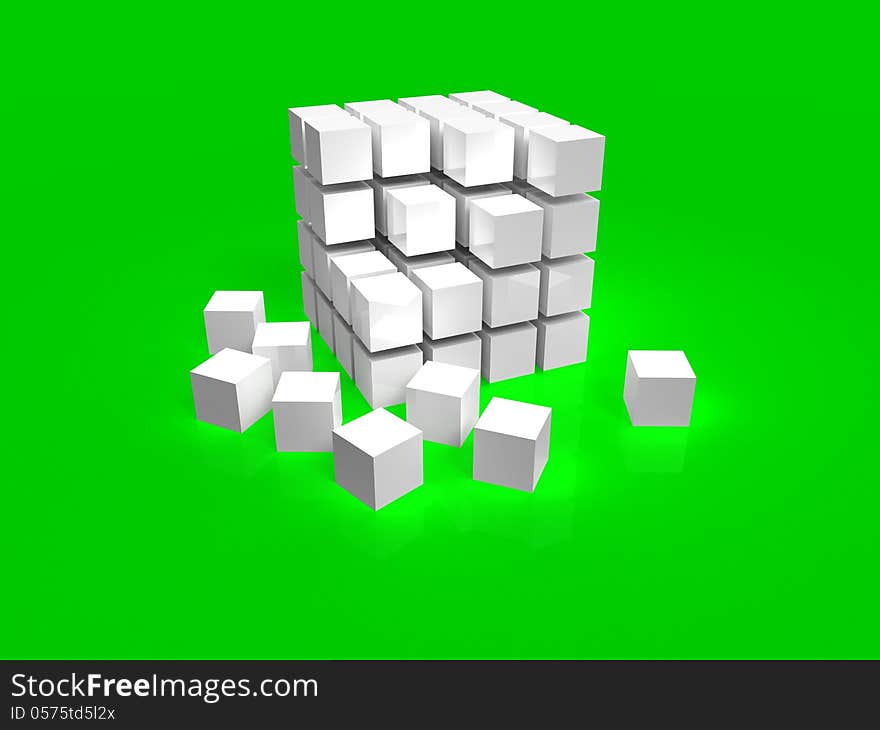 4x4 green disordered cube assembling from blocks on green background. 4x4 green disordered cube assembling from blocks on green background