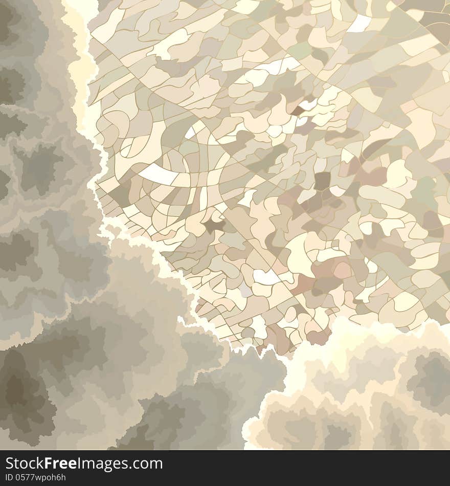 Vector cartoon illustration:view on the ground through clouds with bird's eye view. Vector cartoon illustration:view on the ground through clouds with bird's eye view.