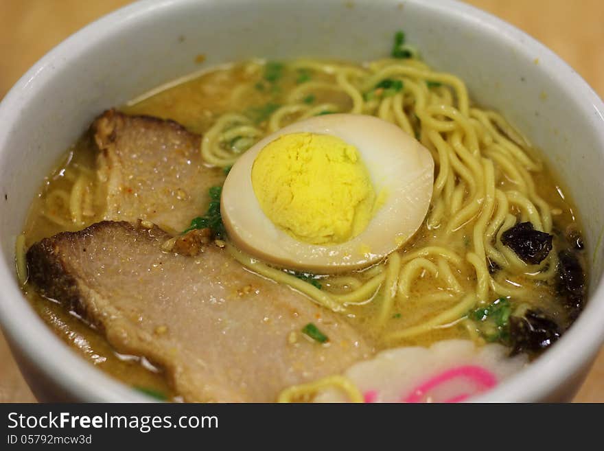 Ramen soup with hard boiled egg, vegetables, and mushrooms. Ramen soup with hard boiled egg, vegetables, and mushrooms.