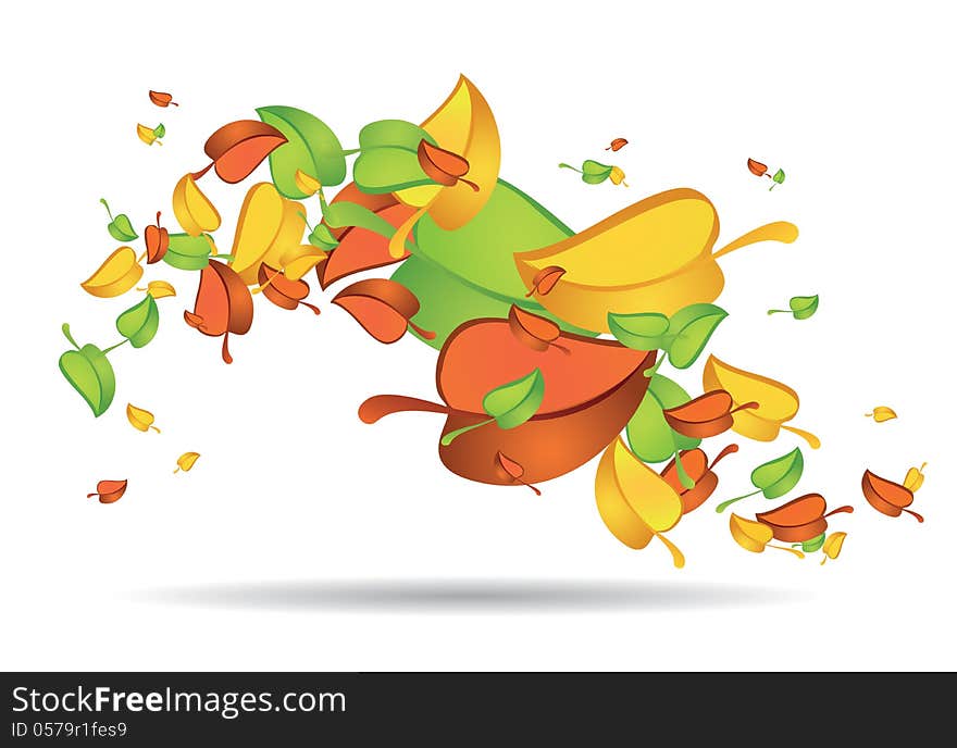 Yellow, green, red leaves swirling by blowing wind. Yellow, green, red leaves swirling by blowing wind