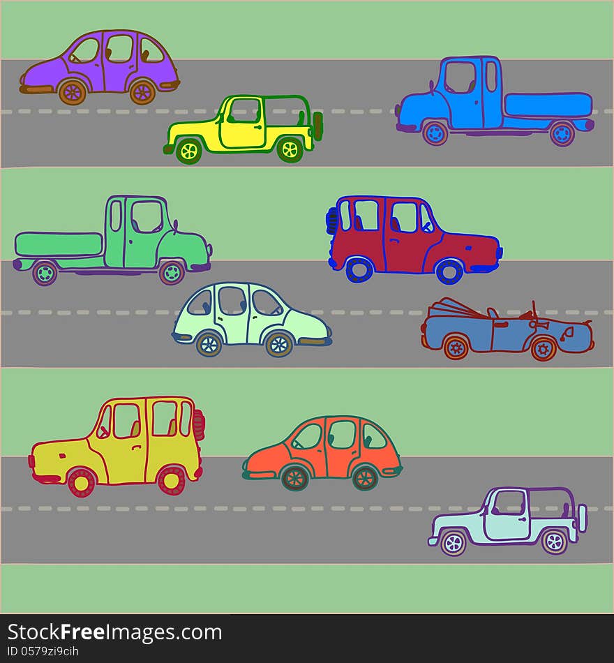 Cars of different color on roads. Cars of different color on roads