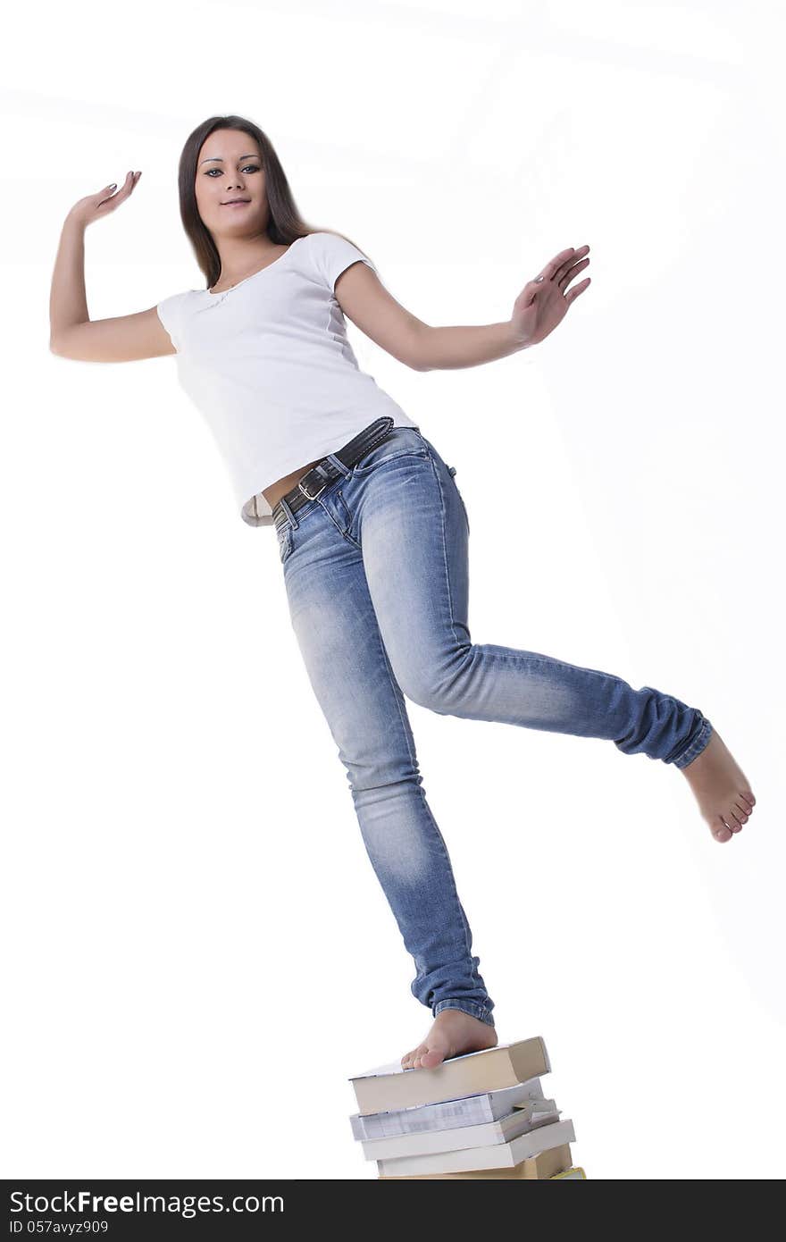 Young smiling student woman. Over white background