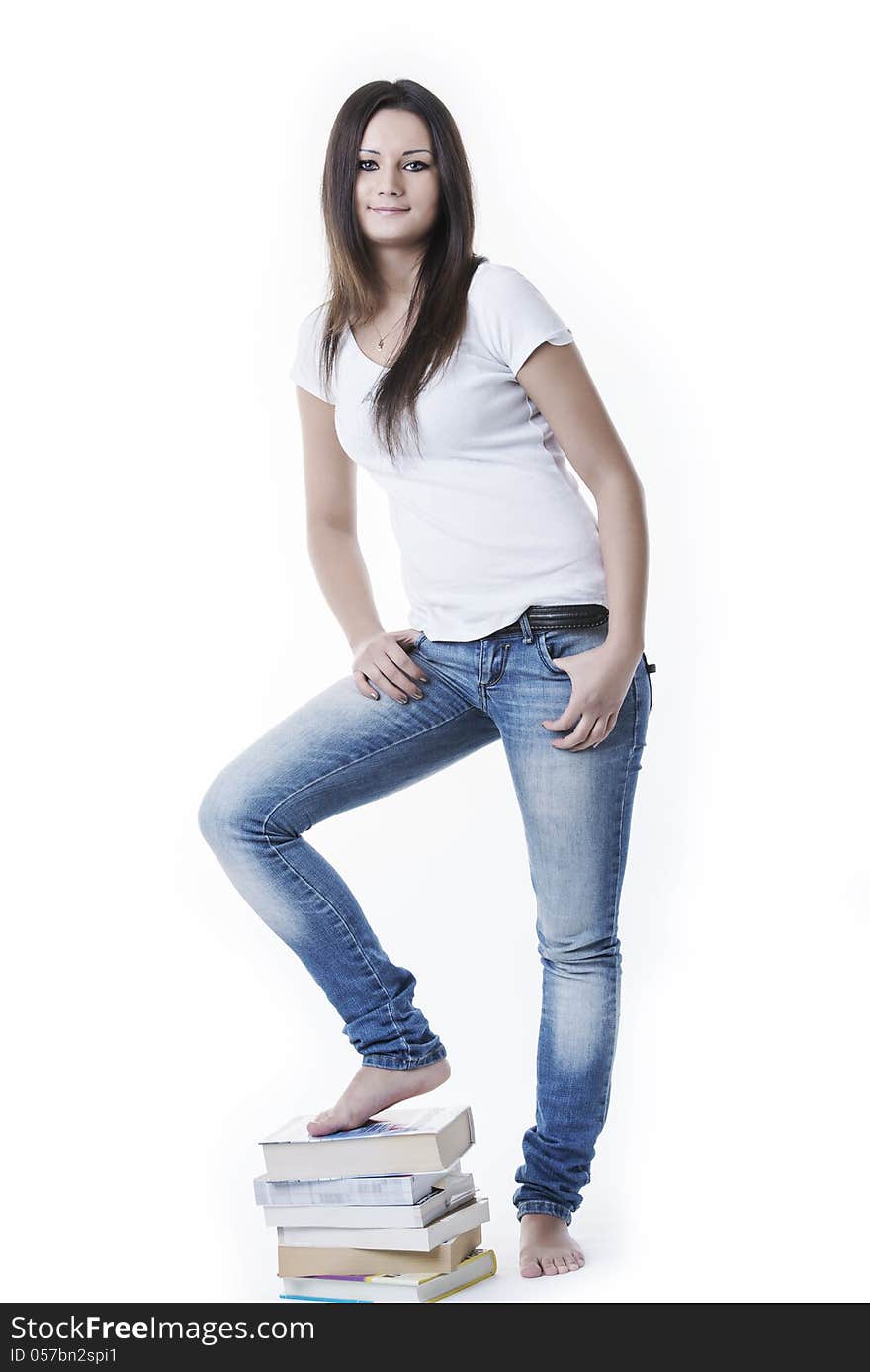 Beauty student girl with book on white background