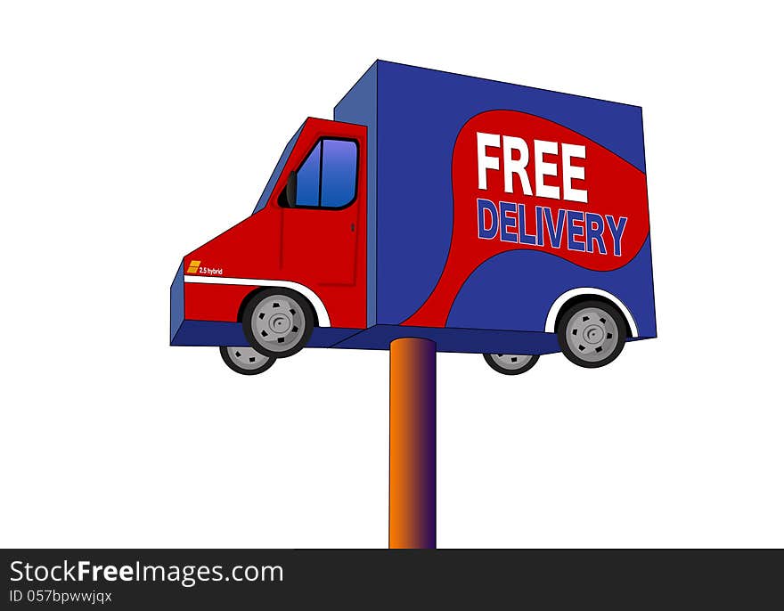 Blue commercial vehicle above stand. Delivery truck with free delivery sign. Blue commercial vehicle above stand. Delivery truck with free delivery sign.