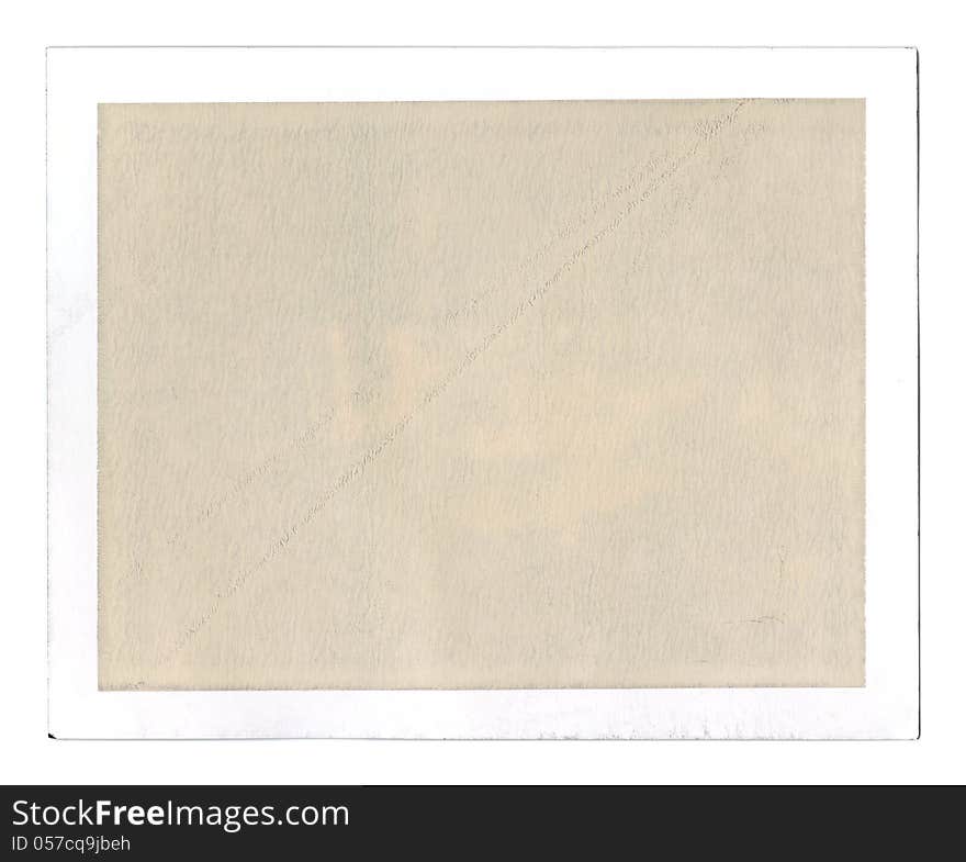 Old grungy blank peel-apart instant film frame, textured sepia filling for overlay, isolated