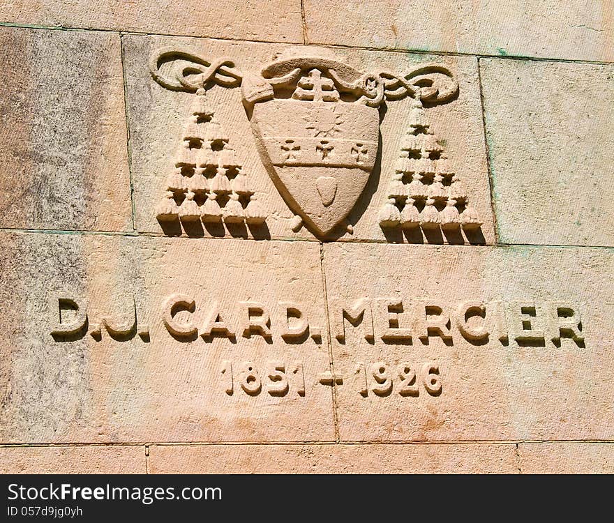 Coat of arms and the date of the life of Cardinal Mercier statue by cathedral Saints Michel and Gudule. D.J. CARDINAL MERCIER 1851-1926 in Brussels Belgium