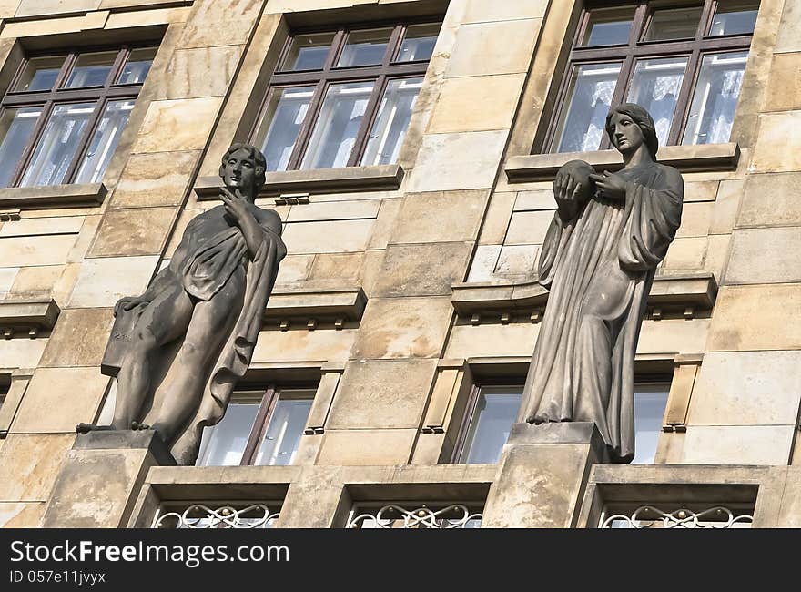 Sculpture at the entrance to the Ministry of Industry and Trade in Prague. Czech Republic