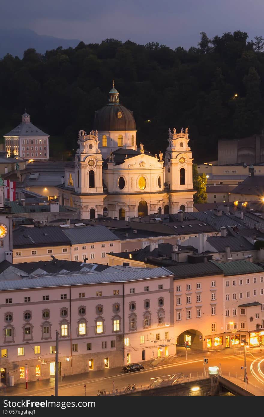 Church named Kollegienkirche in Salzburg at night