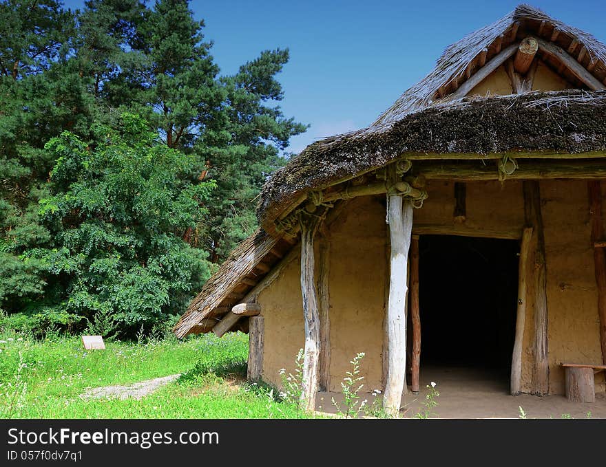 A hut made of straw in a reconstructed Stone Age village