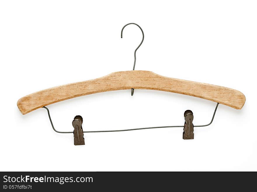 Old wooden coat hanger  on white