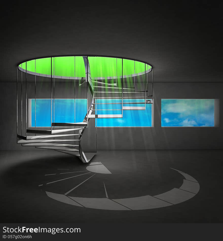 Spiral staircase with green holy beam from upstairs illustration