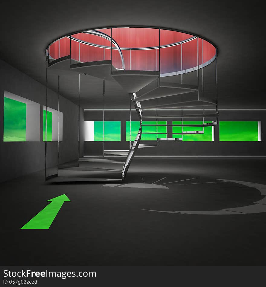 Spiral staircase leading up with green arrow