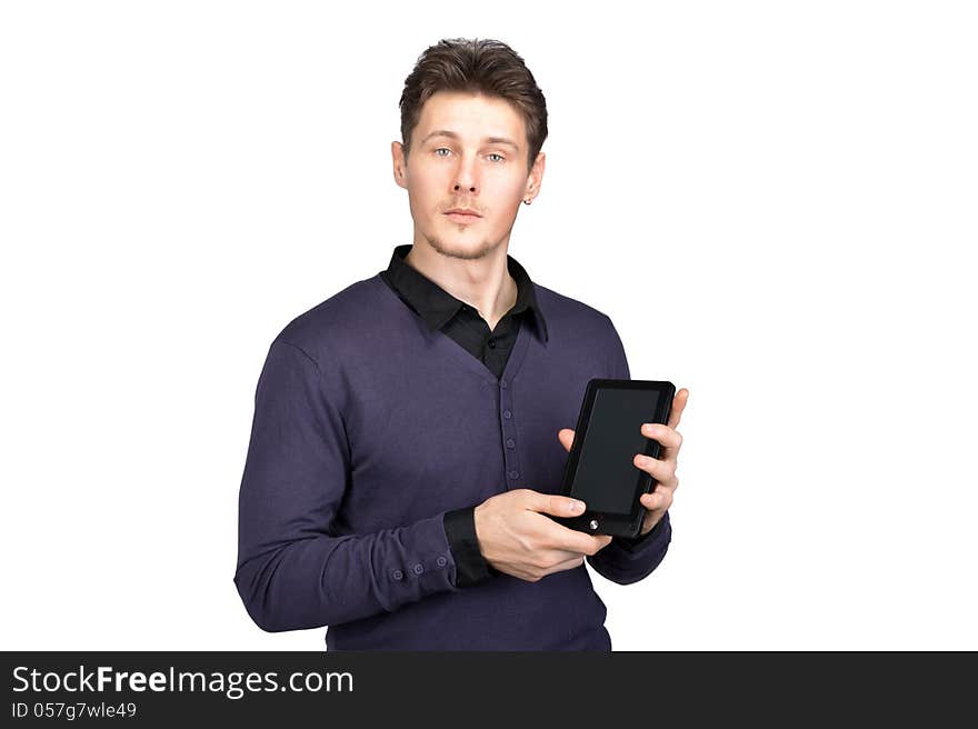 The man with a tablet in his hand