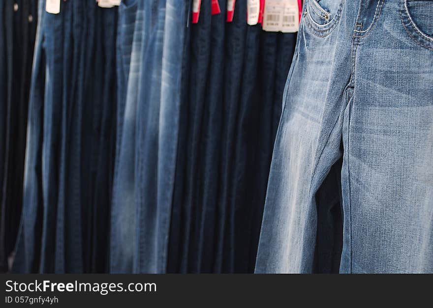 Blue denim pants displayed for sell. Blue denim pants displayed for sell