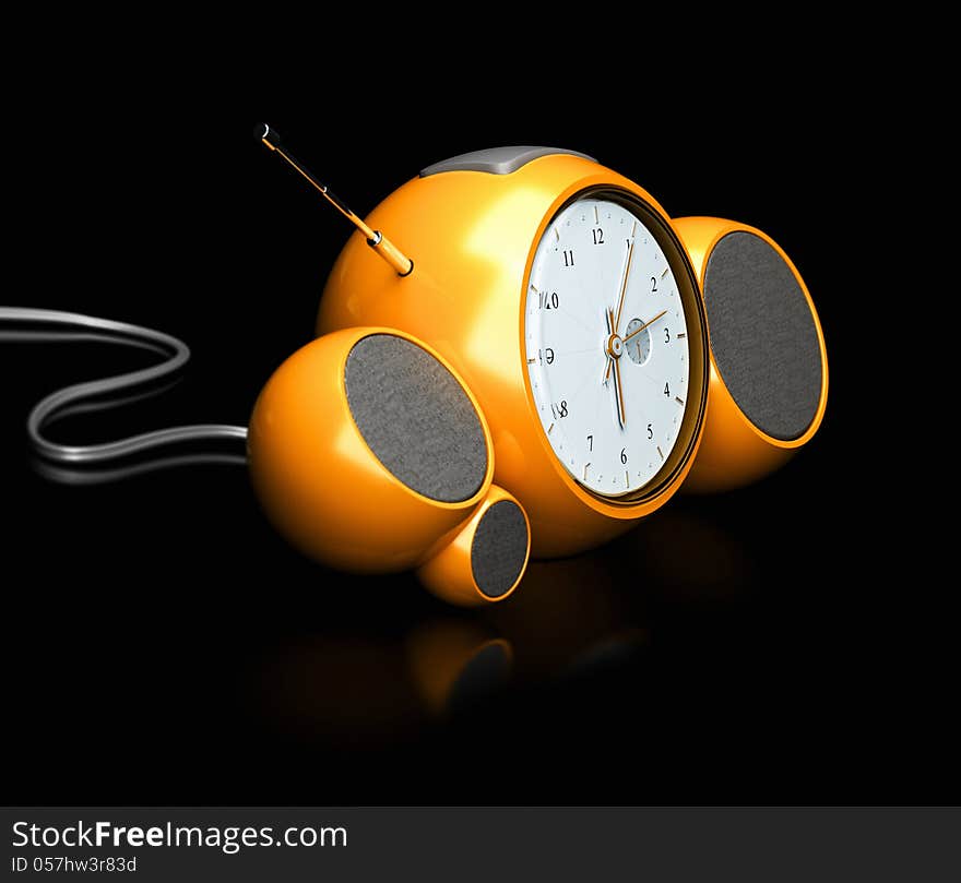 Vintage orange alarm clock with radio over black background. Vintage orange alarm clock with radio over black background