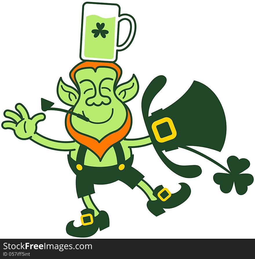 Green Leprechaun Balancing with a Glass of Beer over his Head