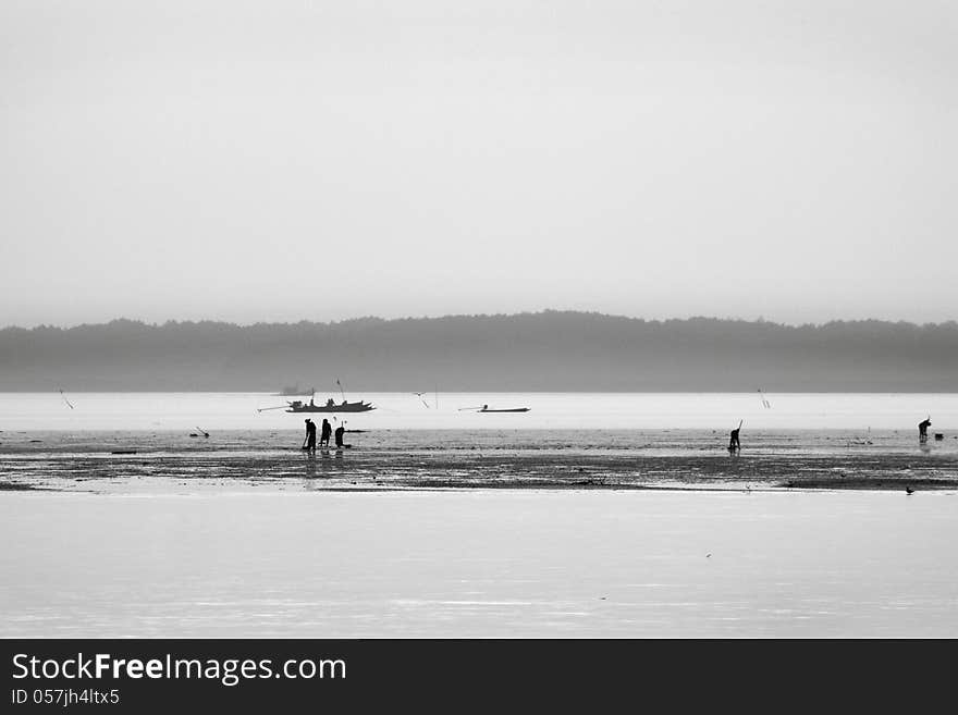 Black and white boat and sea