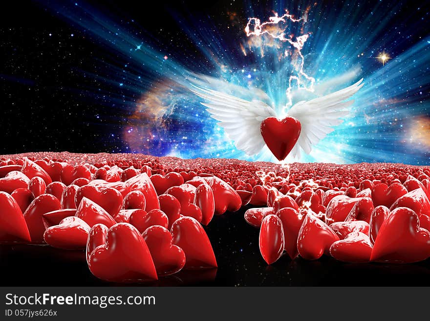 Heart with wings flying into the heart of many. Meaningful freedom of love.