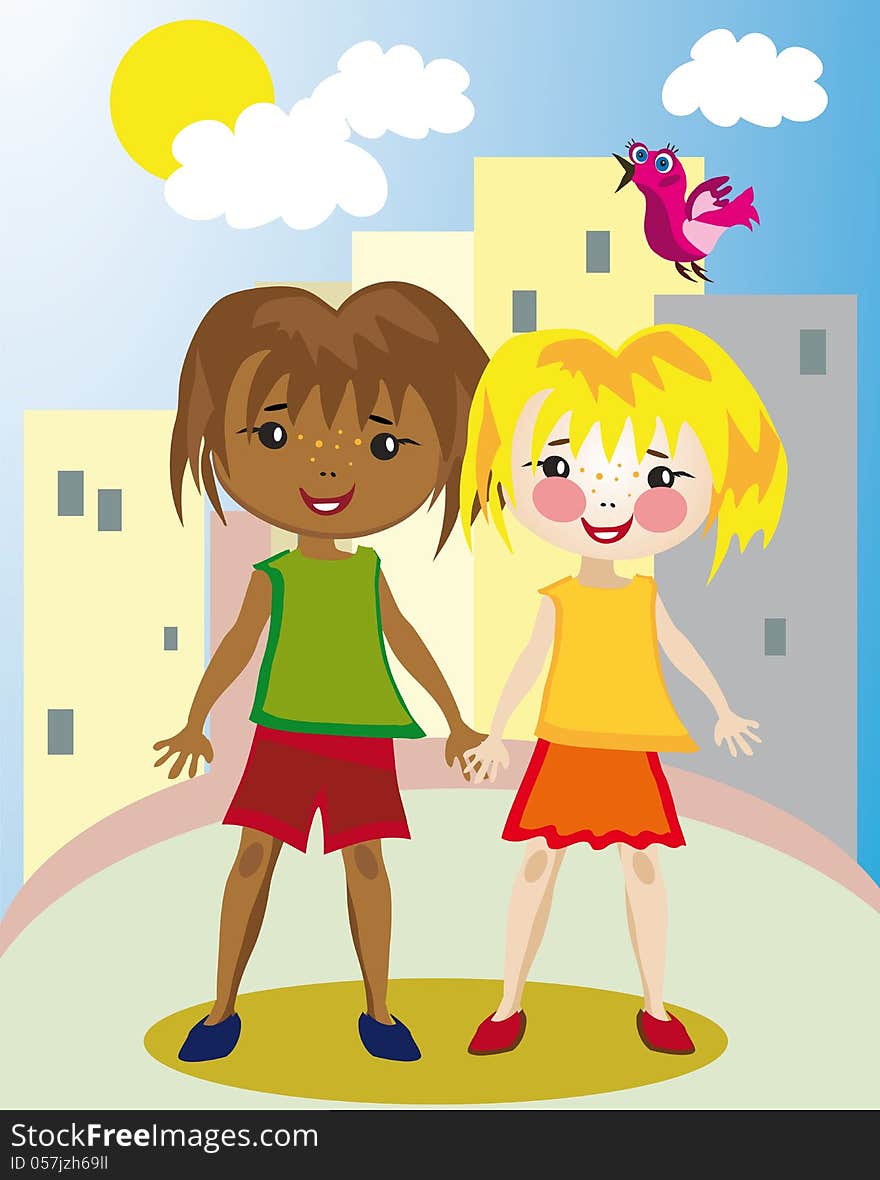 Vector illustration of funny little girl and boy walking in town. Vector illustration of funny little girl and boy walking in town