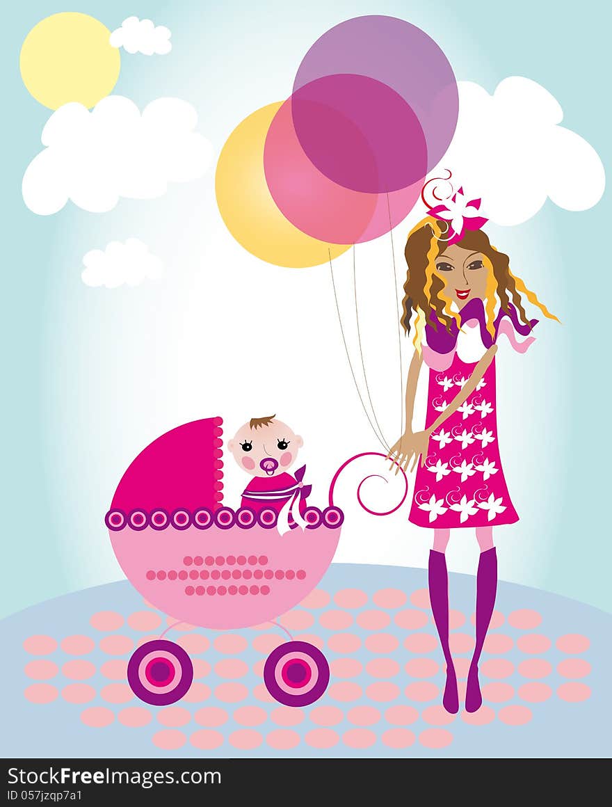 Vector illustration of happy mother with baby and balloons