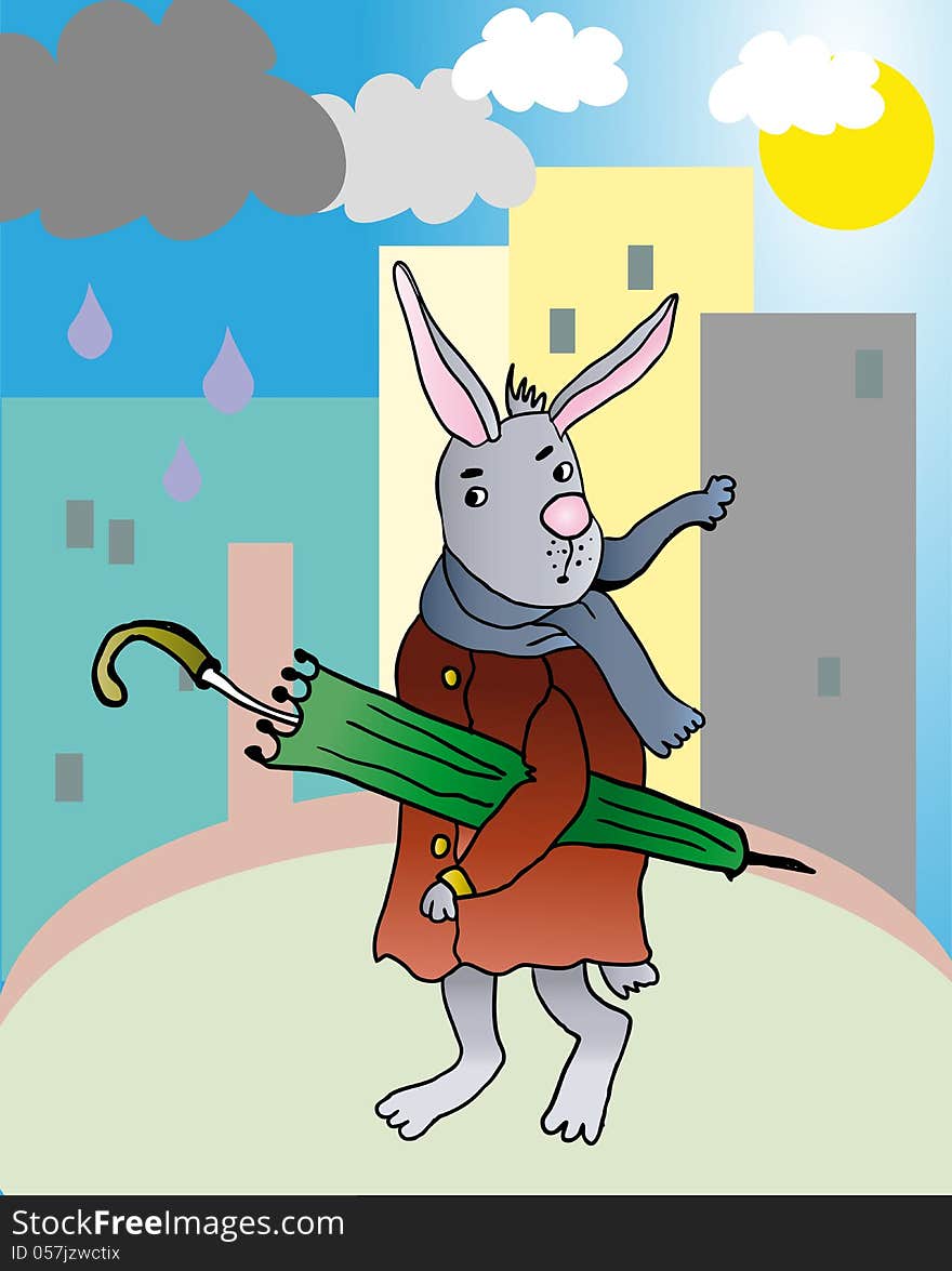 Vector illustration of funny rabbit walking in city with umbrella and lookint at the beginning rain. Vector illustration of funny rabbit walking in city with umbrella and lookint at the beginning rain