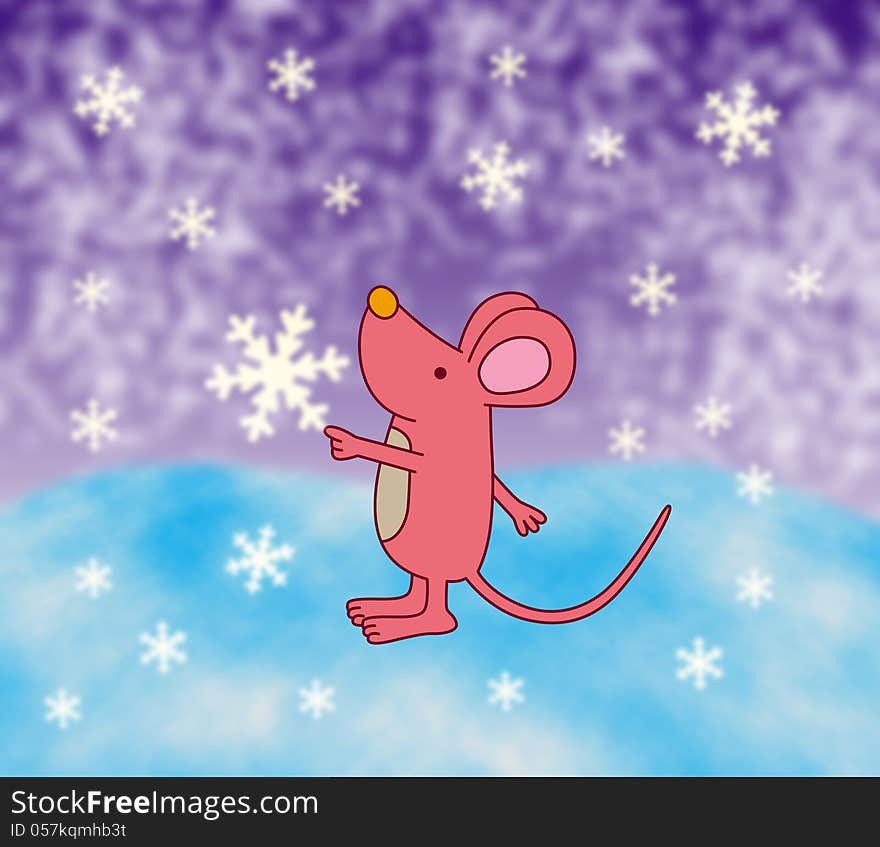 Cute illustration of a pink mouse touching a falling snowflake. Cute illustration of a pink mouse touching a falling snowflake