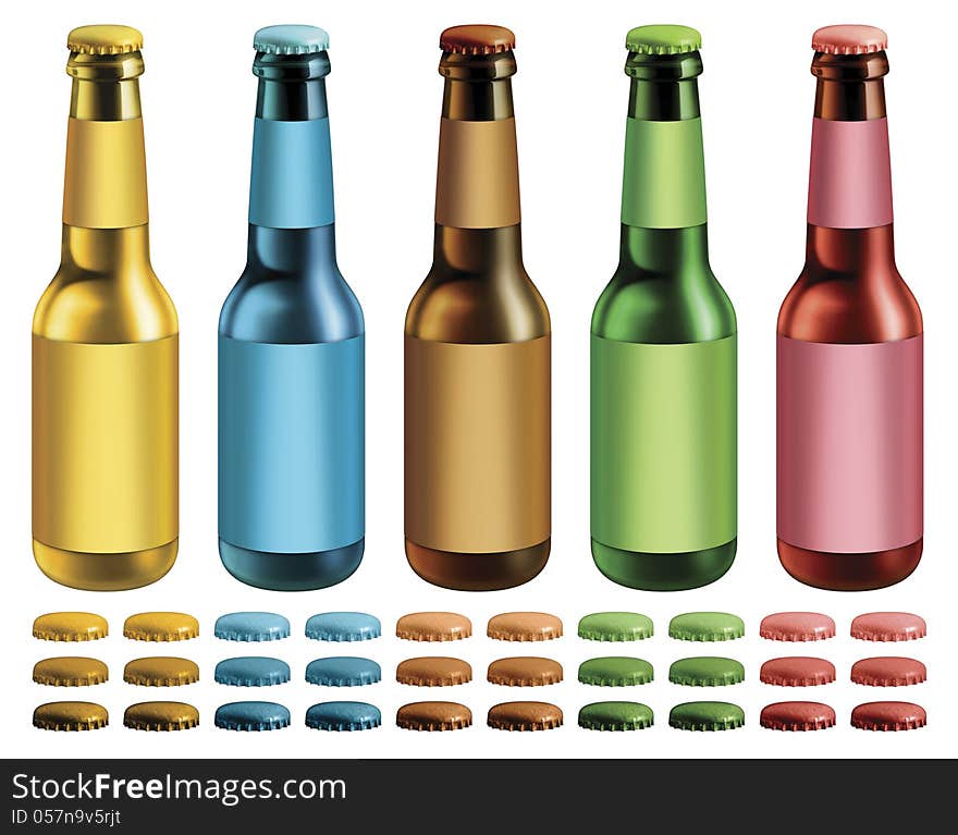 Digital illustration of beer bottles with blank labels. Extra optional caps are included. Digital illustration of beer bottles with blank labels. Extra optional caps are included.