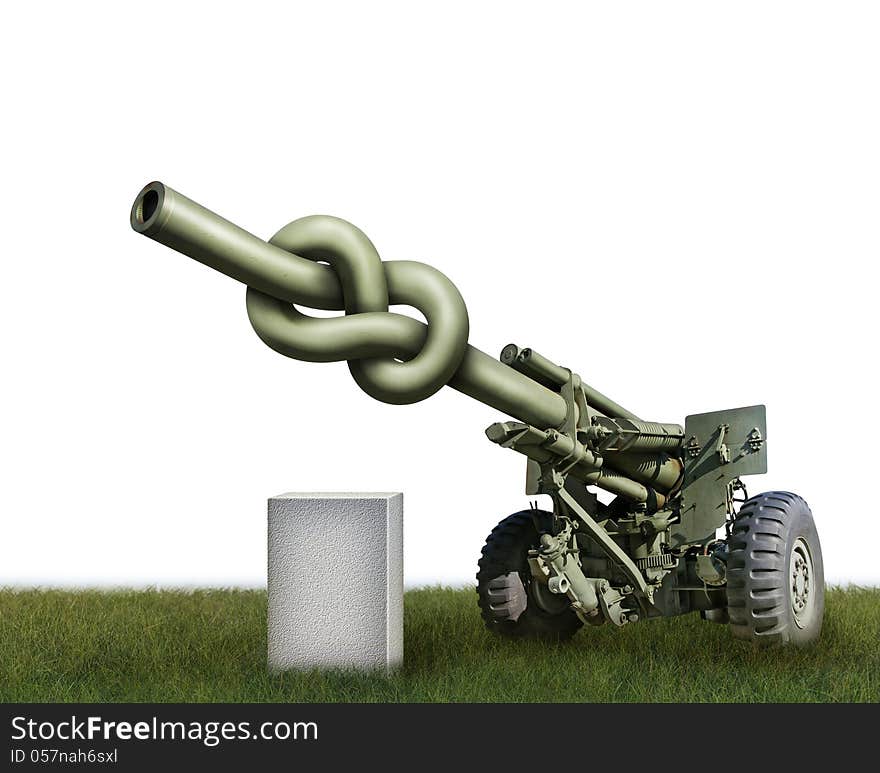 Photo-illustration of an old artillery gun with the barrel tied in a knot and a blank stone waiting for your text.