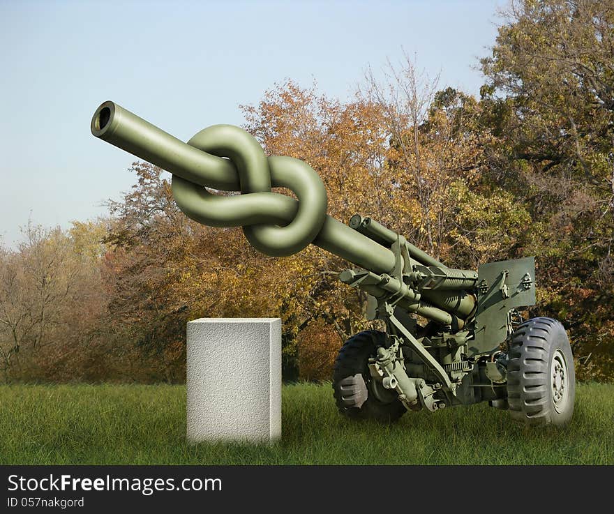 Photo-illustration of an old artillery gun with the barrel tied in a knot and a blank stone waiting for your text.