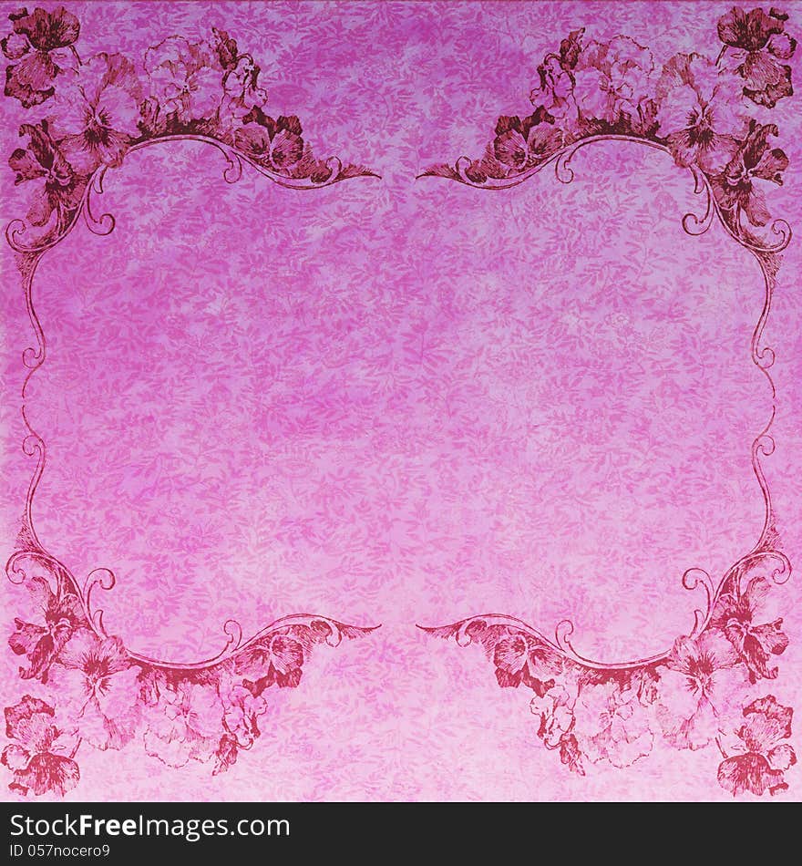 Vintage floral background with a faded pink gradient and an antique pansy floral frame. Vintage floral background with a faded pink gradient and an antique pansy floral frame