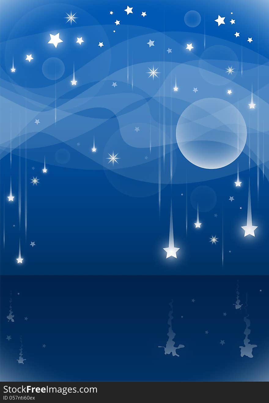 Night sky with shining and falling stars, moon, and other planets. Night sky with shining and falling stars, moon, and other planets