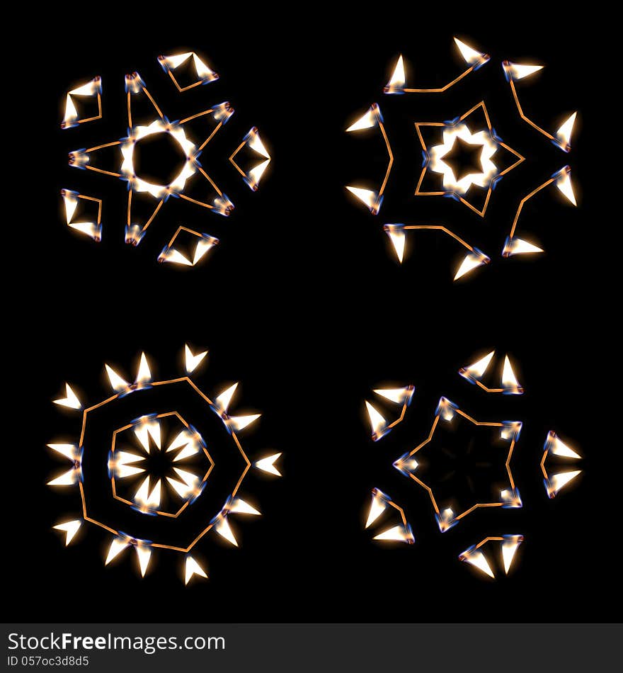 Kaleidoscopic patterns of burning matchstick. Kaleidoscopic patterns of burning matchstick