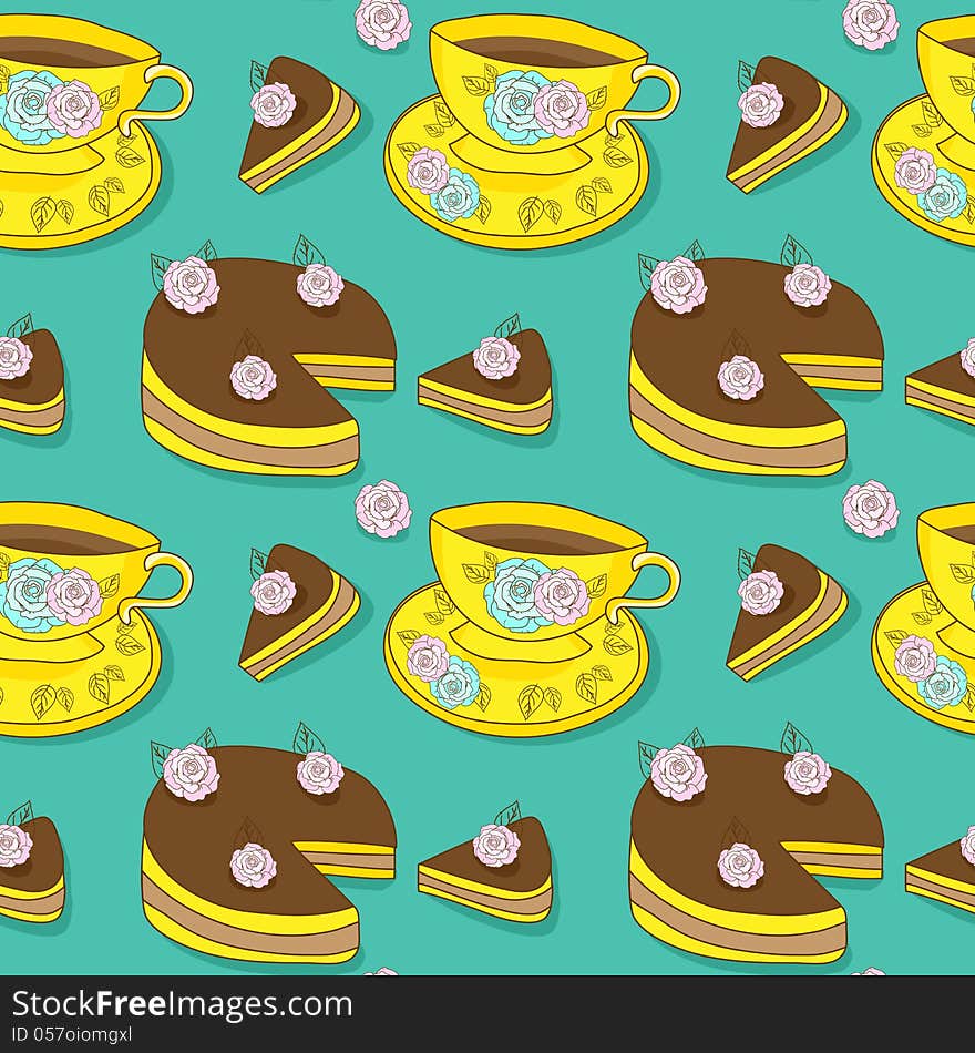 Vector seamless pattern with cups and cakes. Vector seamless pattern with cups and cakes