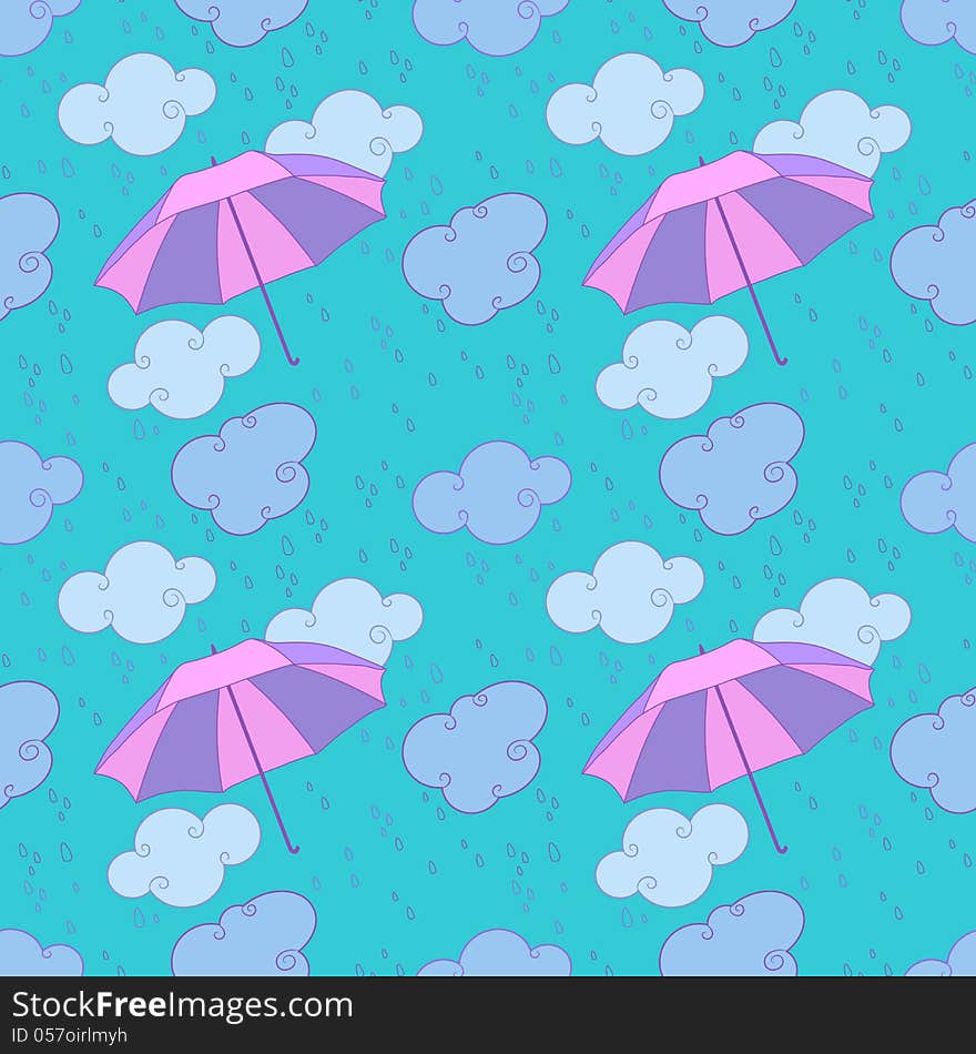 Vector seamless pattern with rain and umbrellas