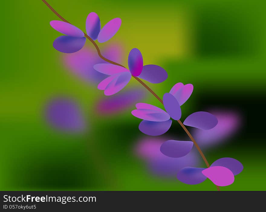 Branch of tree with purple lilac leaves on landscape blurred background. Branch of tree with purple lilac leaves on landscape blurred background