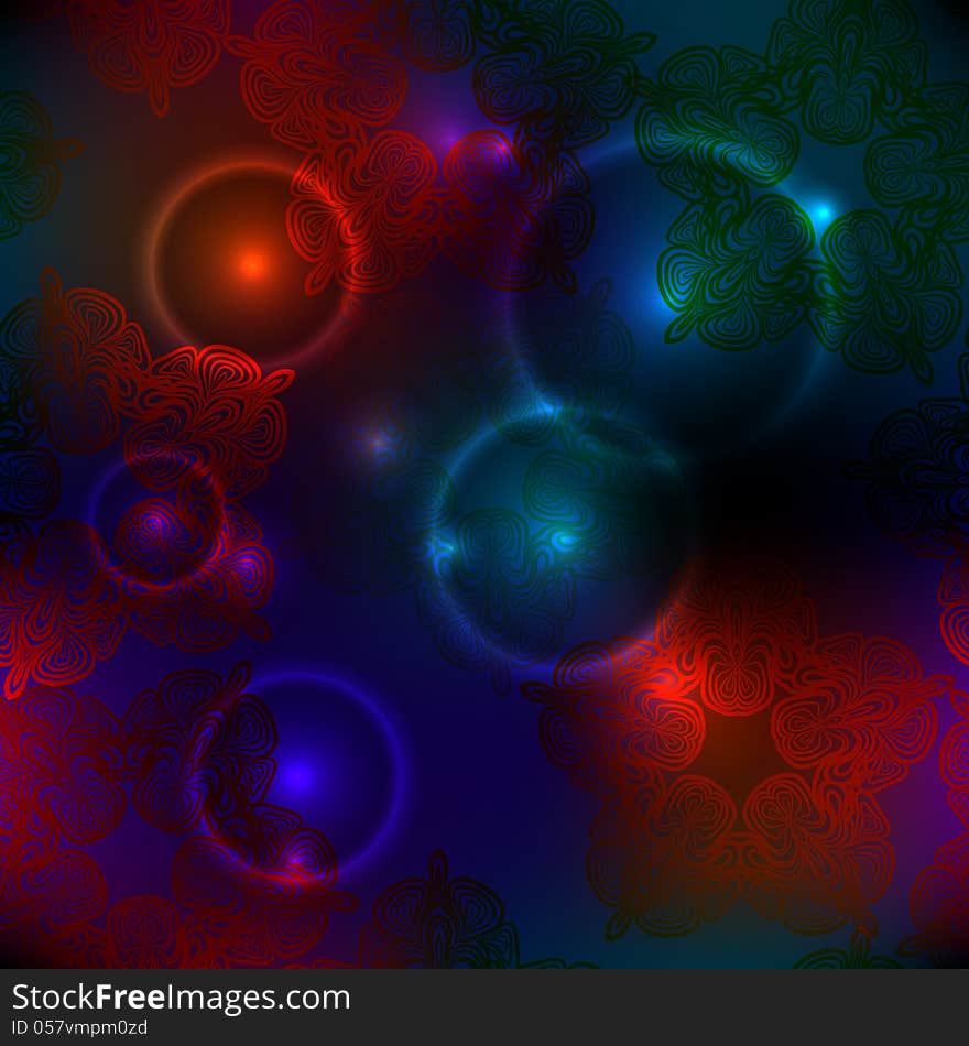 Blue-red seamless background with glowing circles and abstract flowers. Blue-red seamless background with glowing circles and abstract flowers.