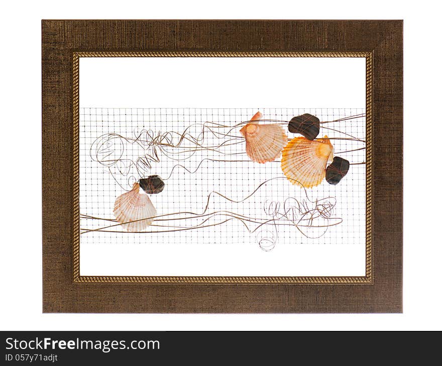 Decorative photo frame with abstract composition of shells, stones and wire isolated on white background