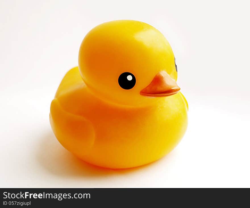 Yellow duck toy on white background