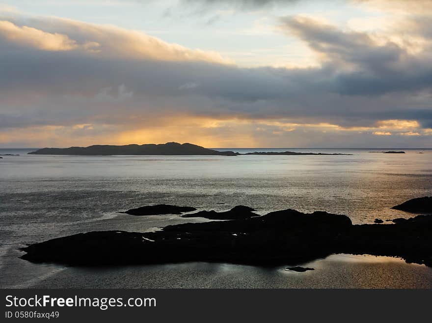 Islands in the light of the midsummer night for the coast of the Vesteralen, Nordland, Norway,