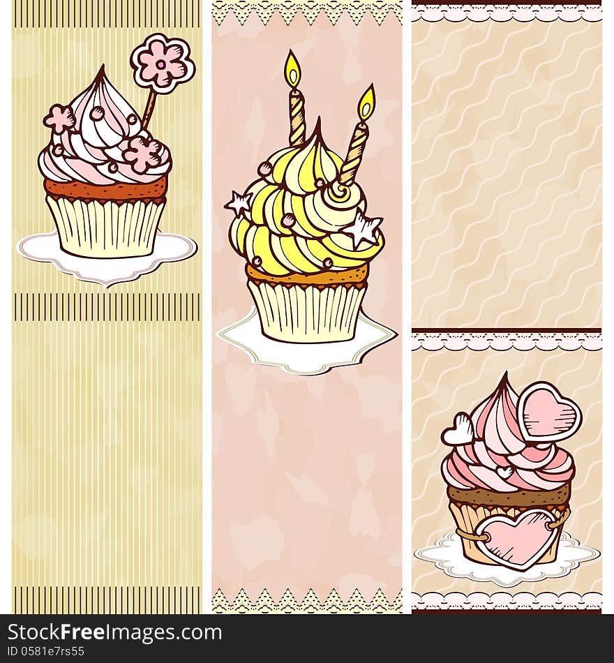 Three vertical retro banners with hand drawn cupcakes. Three vertical retro banners with hand drawn cupcakes