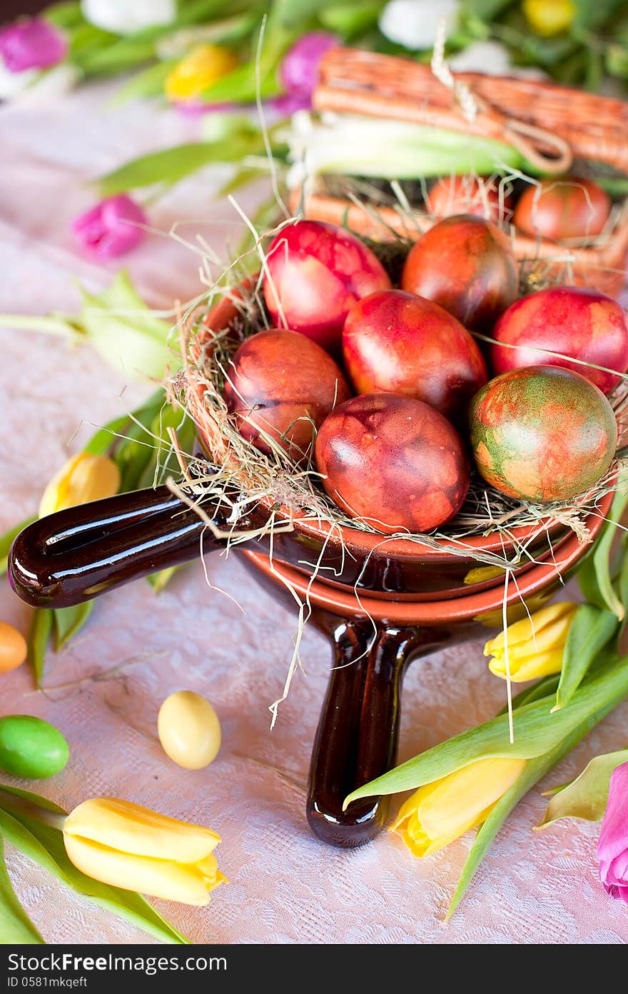 Easter eggs decoration on a country bowls