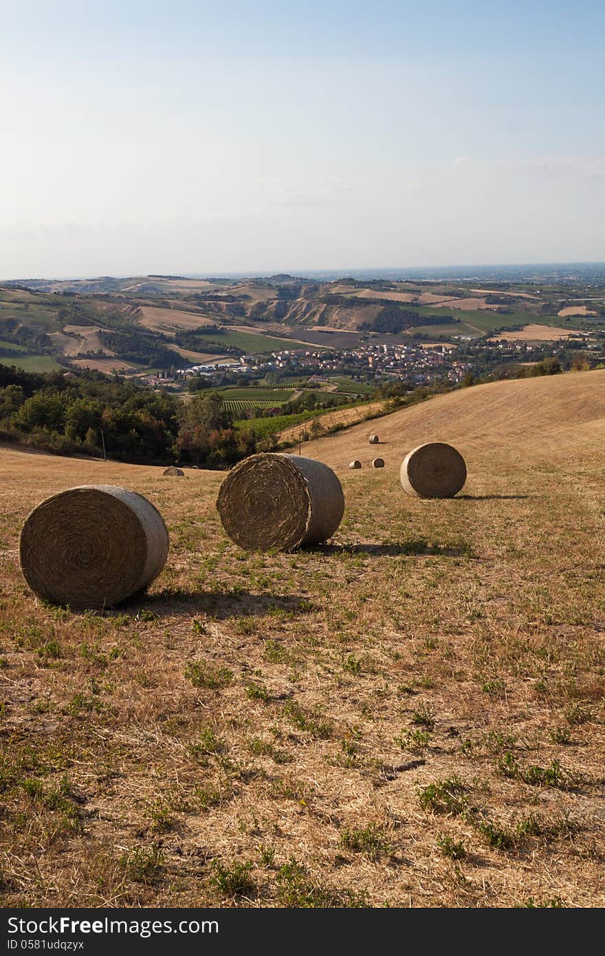 Romagna countryside with bales of hay