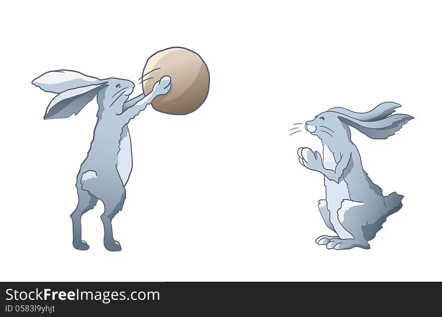 Two cartoon rabbits playing with the ball. Two cartoon rabbits playing with the ball