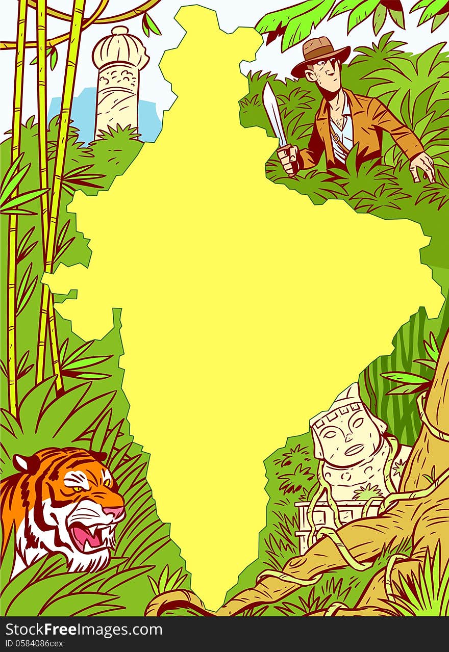 The illustration shows the African continent amid the jungle, ancient ruins, predatory animals and a white man with a machete. Illustration done with the use of clipping mask. The illustration shows the African continent amid the jungle, ancient ruins, predatory animals and a white man with a machete. Illustration done with the use of clipping mask.