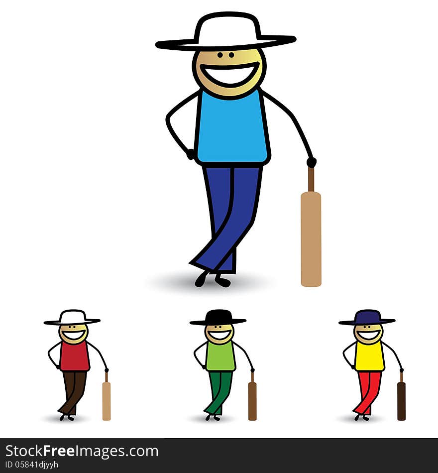 Illustration Of Young Boy Holding Bat Playing Cricket Game.