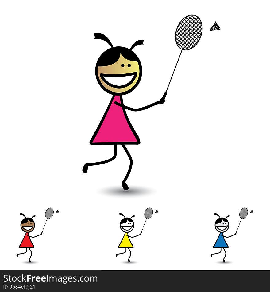 Illustration of young girls playing shuttle badminton game & having fun. The graphic shows children with racket and cock enjoying their time and exercising for health at the same time