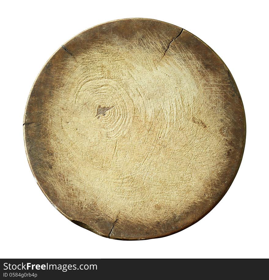 Round wooden cutting board isolated on white background