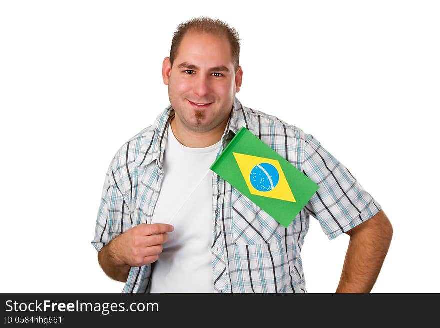 Man with Brazilian flag - studio isolated. Man with Brazilian flag - studio isolated